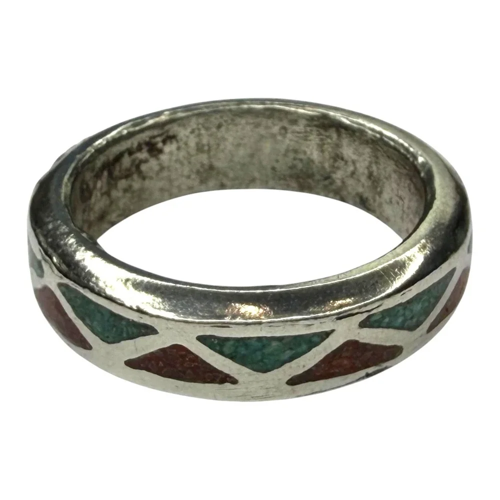 Vintage Band Ring Nickel Silver Size 14 Turquoise Coral Chip Inlay